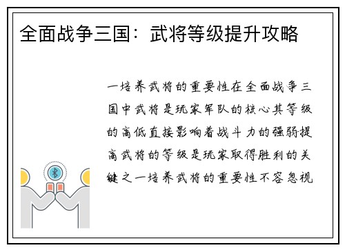 全面战争三国：武将等级提升攻略