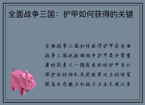 全面战争三国：护甲如何获得的关键